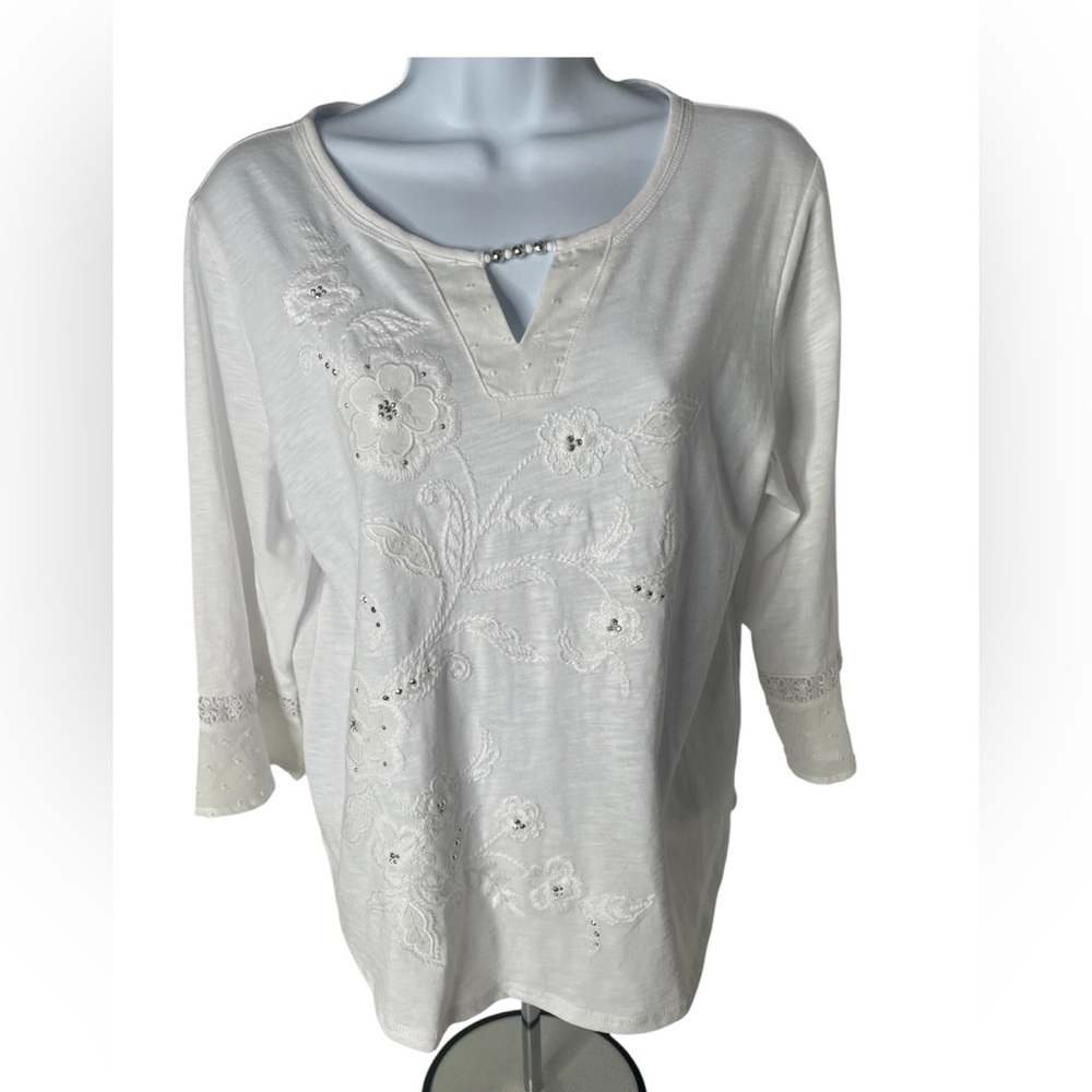 Alfred Dunner White Embroidered Lace 3/4 Sleeve Floral Blouse Sz MP